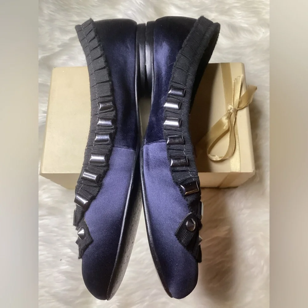 Tory Burch Navy Satin w/Black Ribbon & Metal Studs.